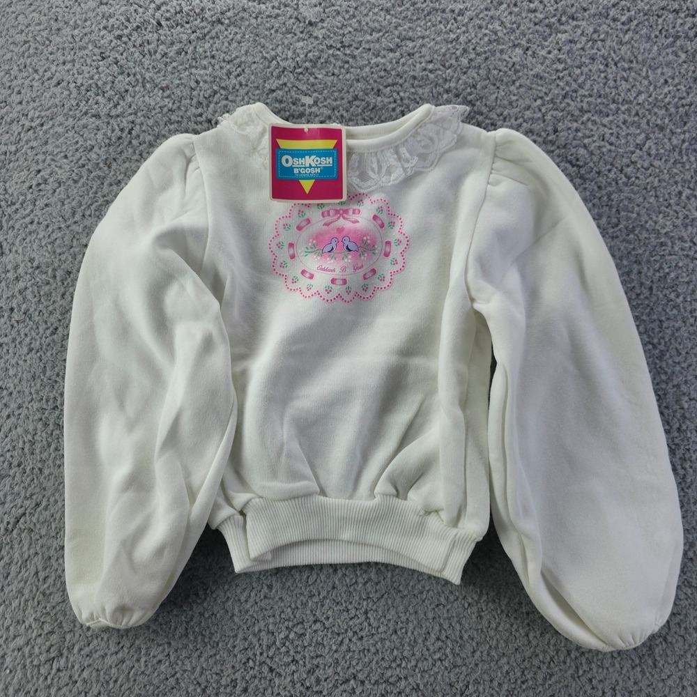 Vintage OshKosh B Gosh Girls White Bird Graphic Lace Collar Sweatshirt 6 USA